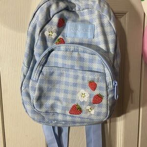 Jansport Blue Checkered Mini Backpack with Strawberry Embroidery